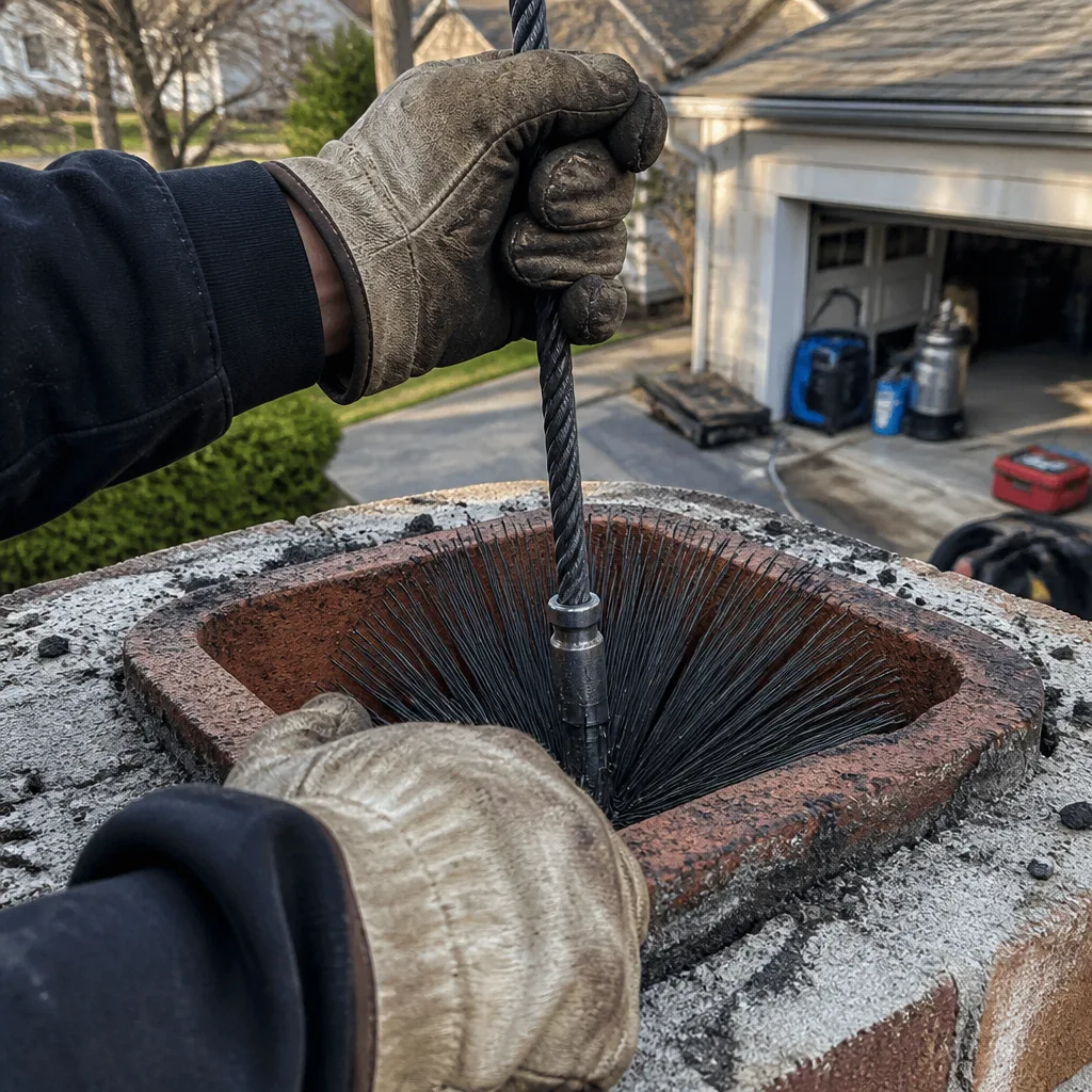 Professional chimney sweep cleaning a brick chimney with a wire brush