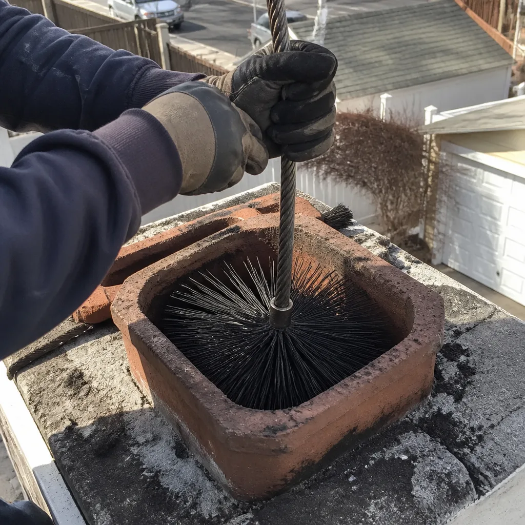 Professional chimney sweep cleaning a brick chimney flue with a wire brush