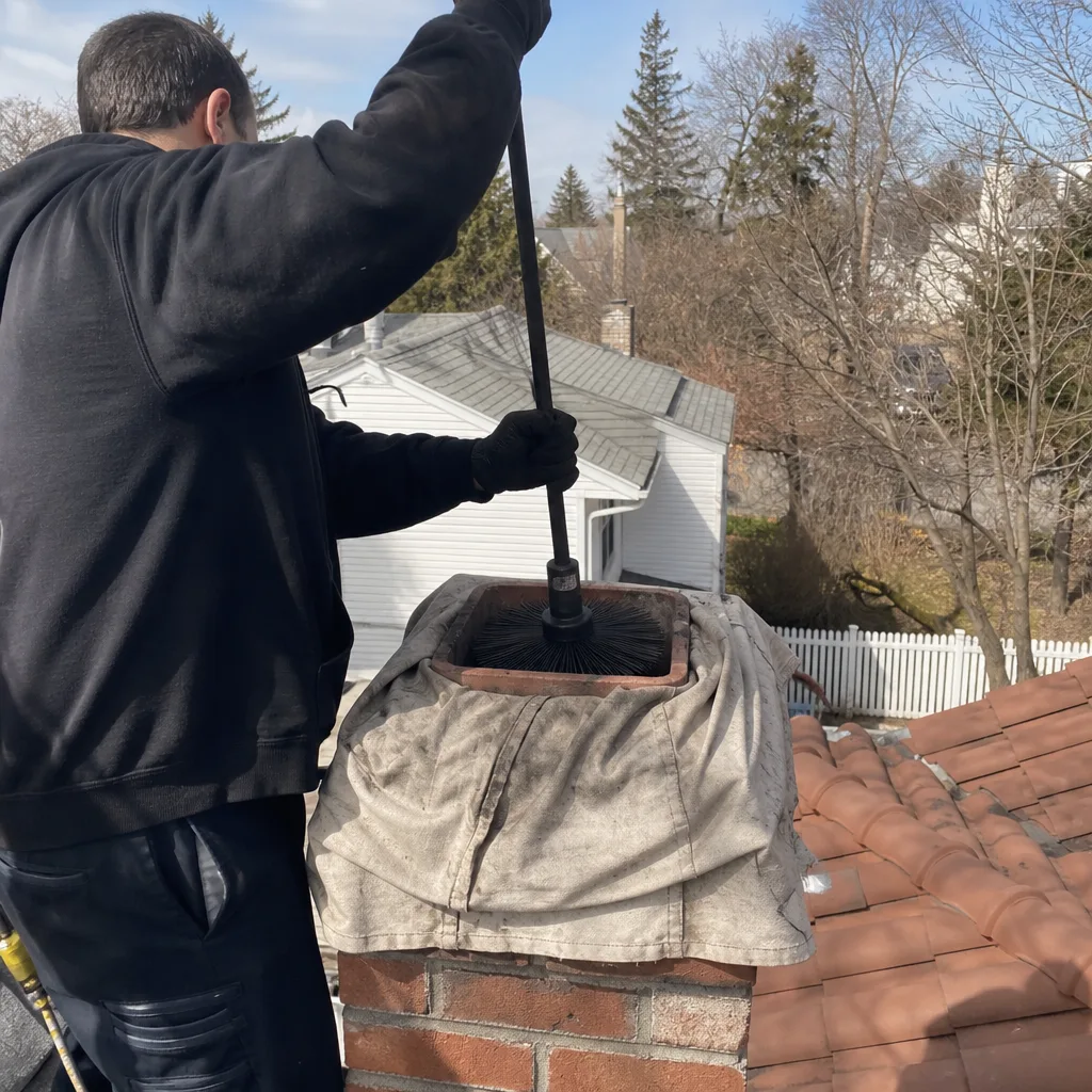 Professional technician performing a chimney sweep and cleaning service