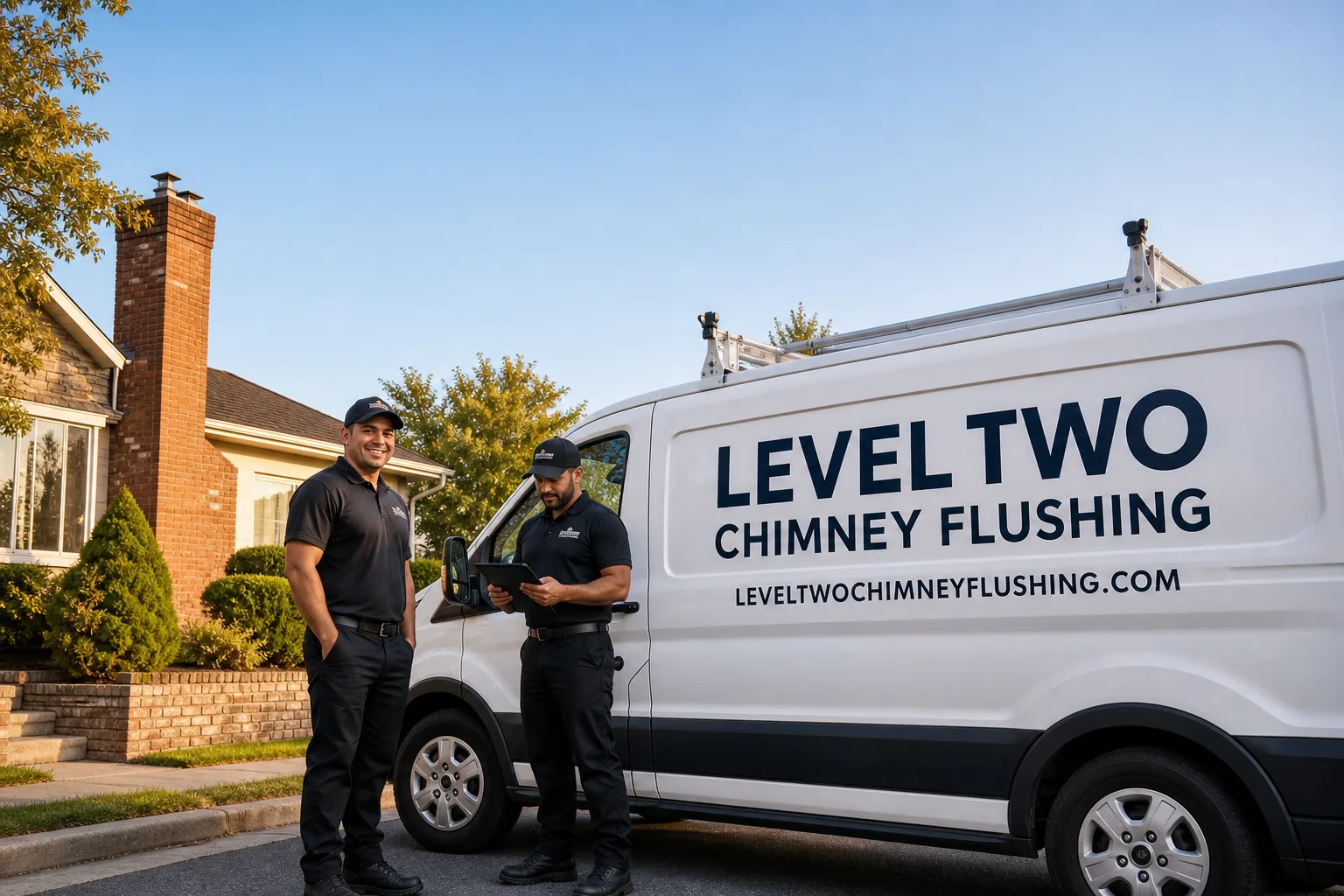 Level Two Chimney Flushing chimney cleaning service vehicle and crew in Flushing, NY